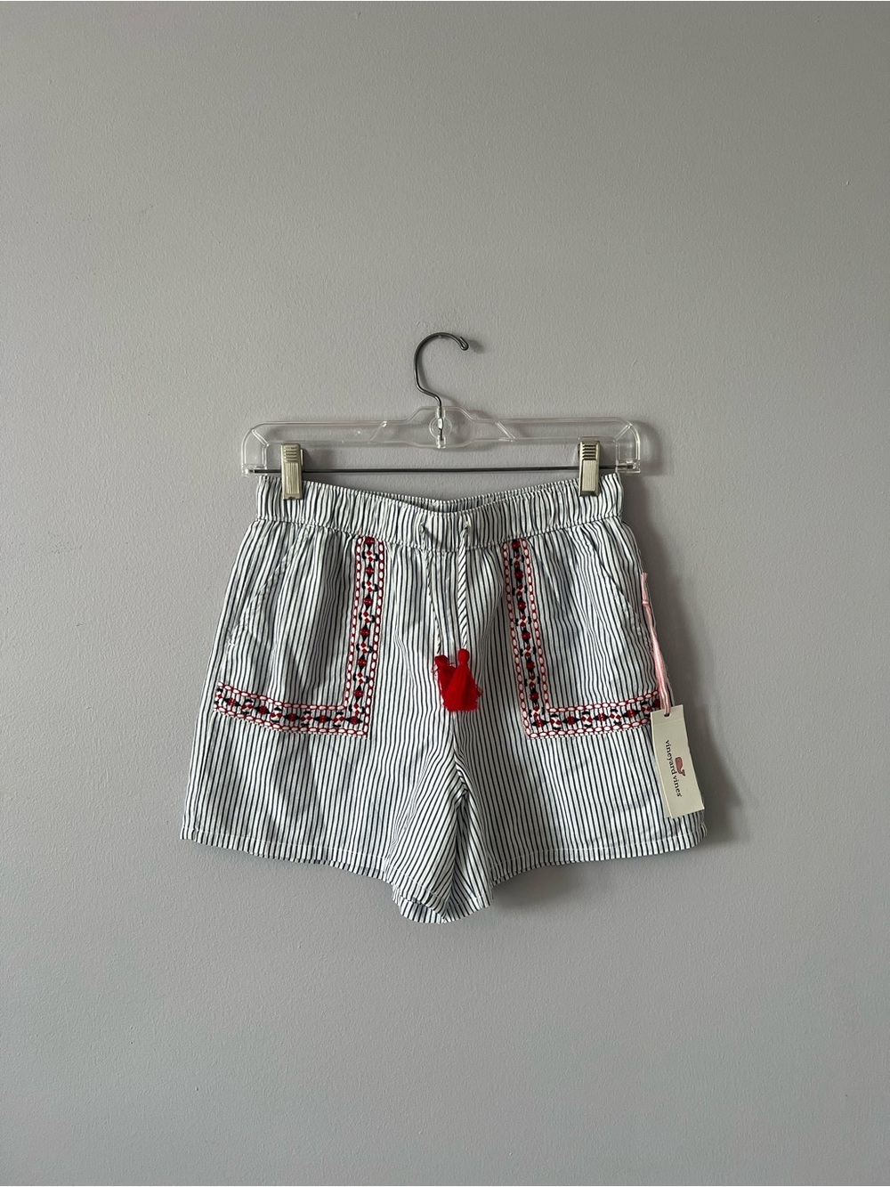 Vineyard Vines Navy & White Striped Kids Shorts with Red Tassel Accent